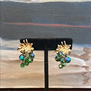 Vintage Elegant Gold Blue and Green Crystal Bead Drop Earrings Clips